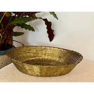 Vintage Brass Woven Basket, Oval Bread Basket, Gold Metal Basket